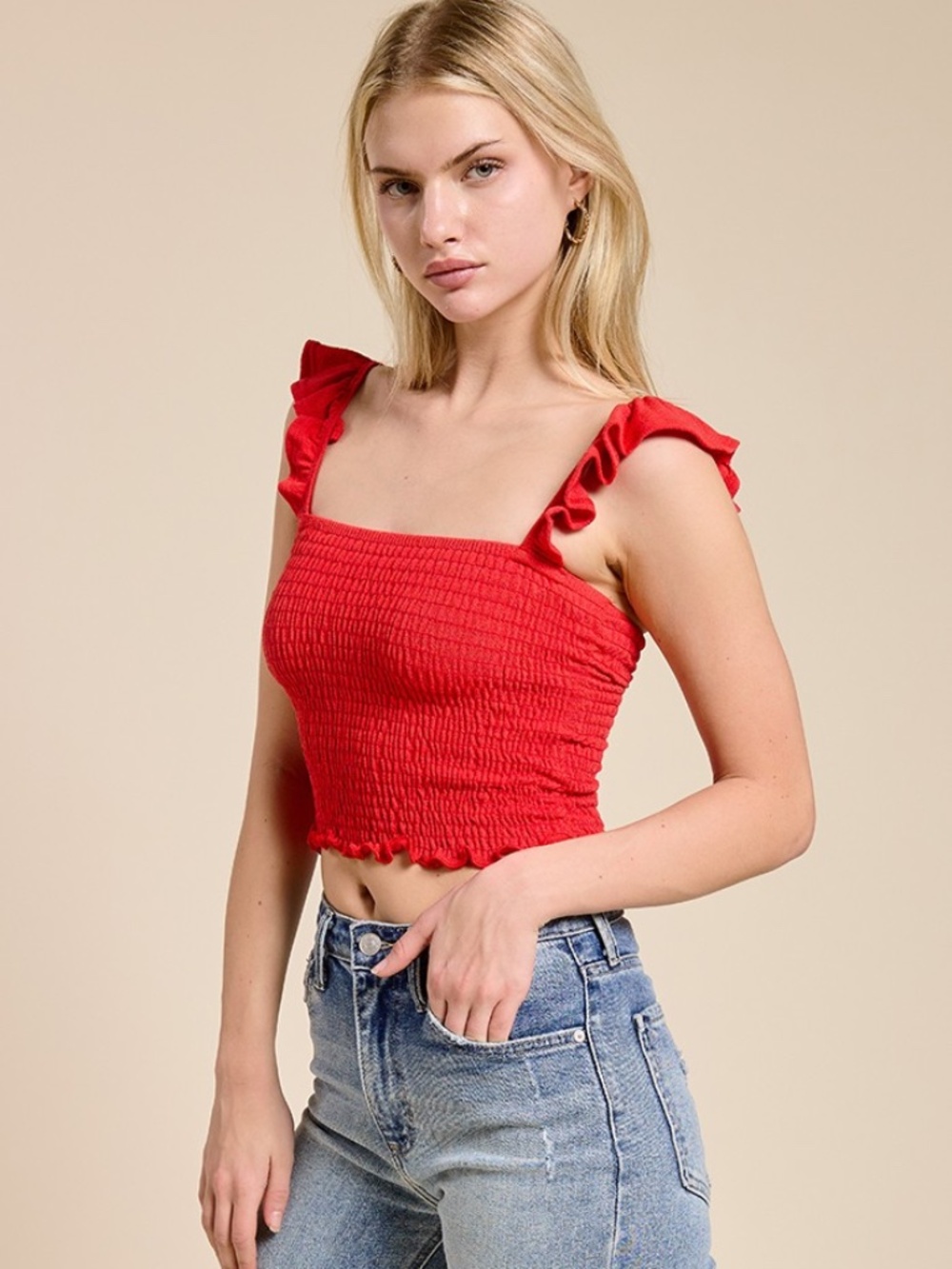 Smocked Ruffle Strap Crop Top – Red - Picture 2 of 4